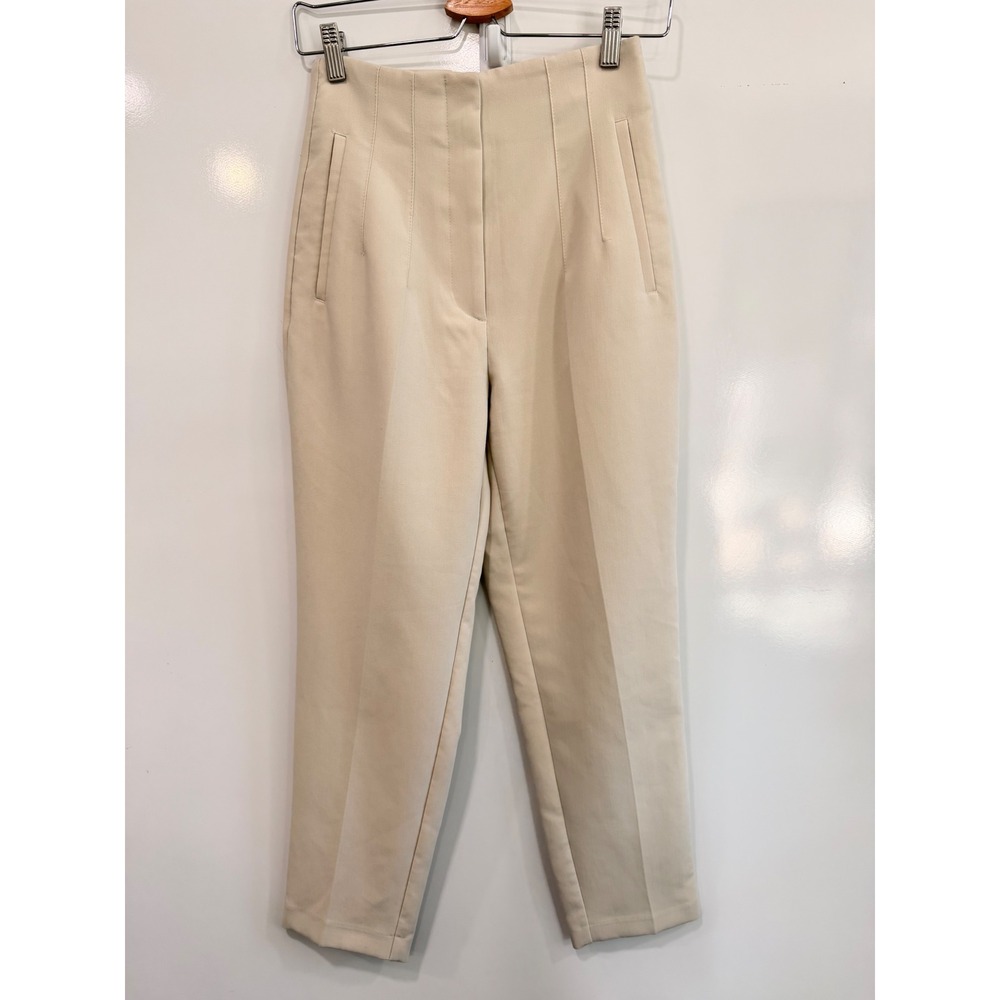 Zara High Waisted Tapered Trousers Cream Beige Seam Detail Pants Small